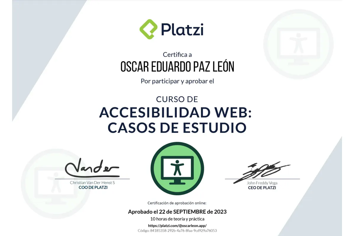 Certificado a nombre de OSCARLEON por aprobar el curso, Accesibilidad Web: Casos de estudio