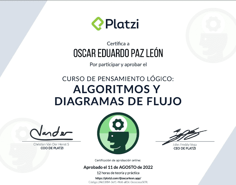 Certifica a Oscar León por participar y aprobar curso de: Algoritmos y Diagramas de Flujo