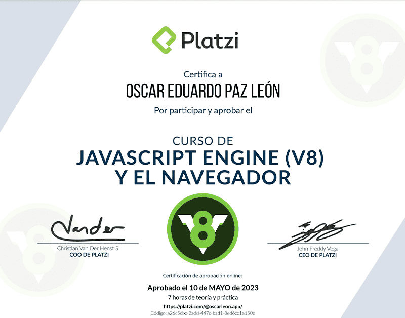 Certifica a Oscar León por participar y aprobar curso de: JavaScript Engine V8 y el Navegador