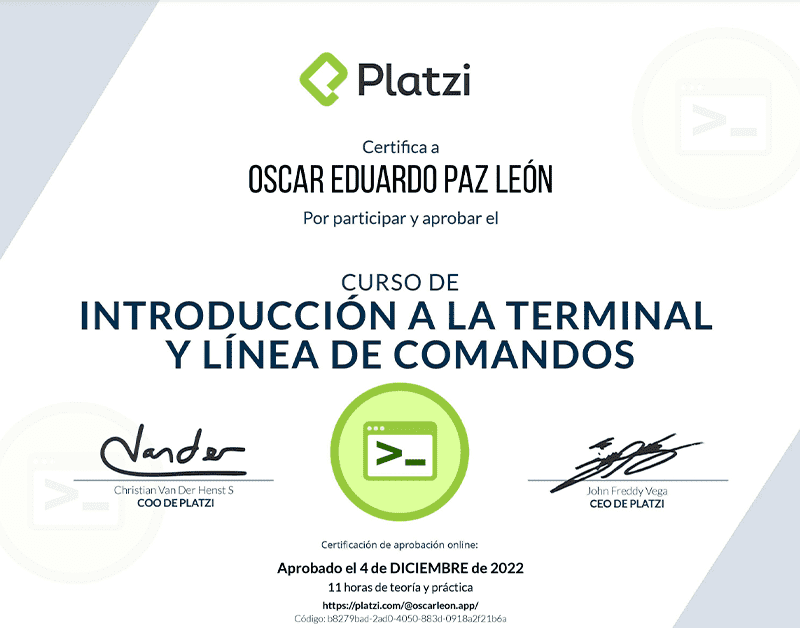 Certifica a Oscar León por participar y aprobar curso de: Introducción a la Terminal y Línea de Comandos