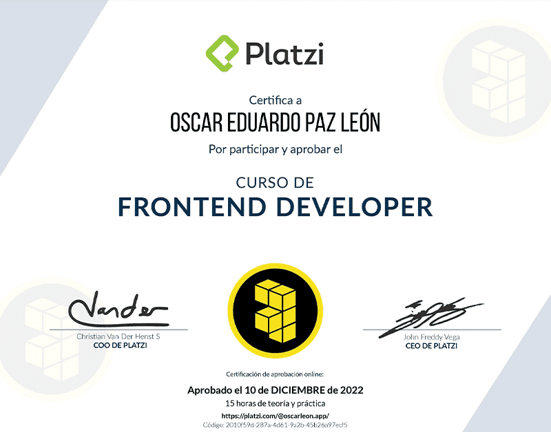 Certifica a Oscar León por participar y aprobar curso de: Frontend Developer