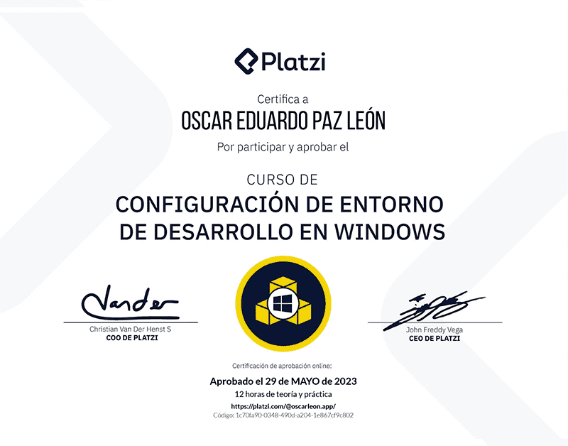 Certifica a Oscar León por participar y aprobar curso de: Configuración de Entorno de Desarrollo en Windows