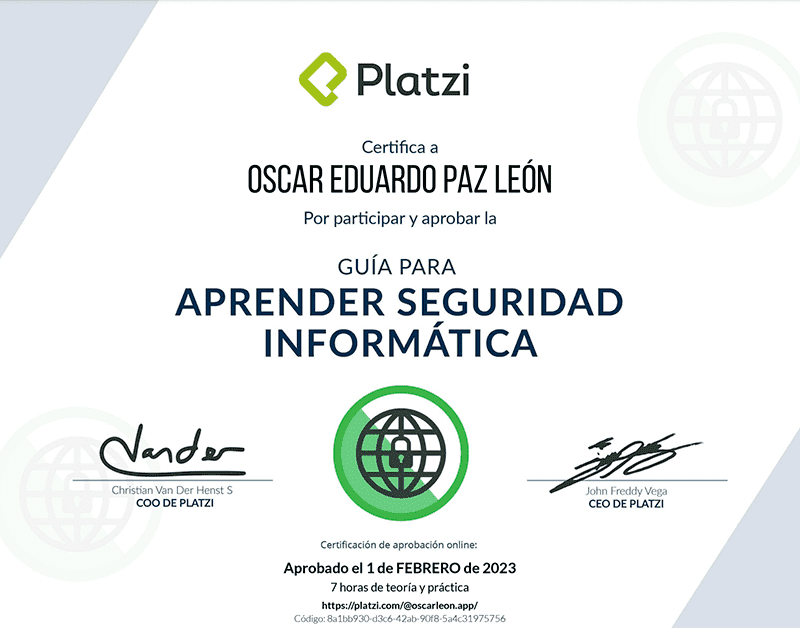 Certifica a Oscar León por participar y aprobar curso de: Aprender Seguridad Informática