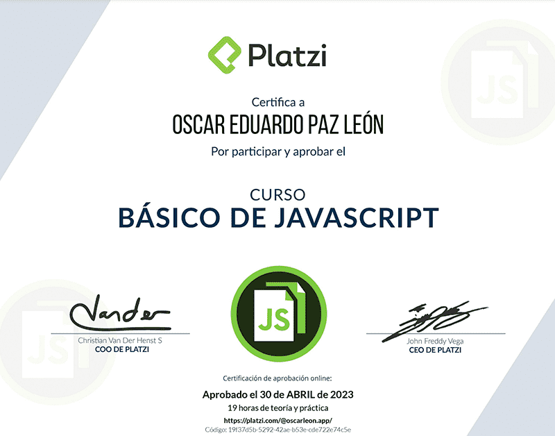 Certifica a Oscar León por participar y aprobar curso de: Básico de JavaScript