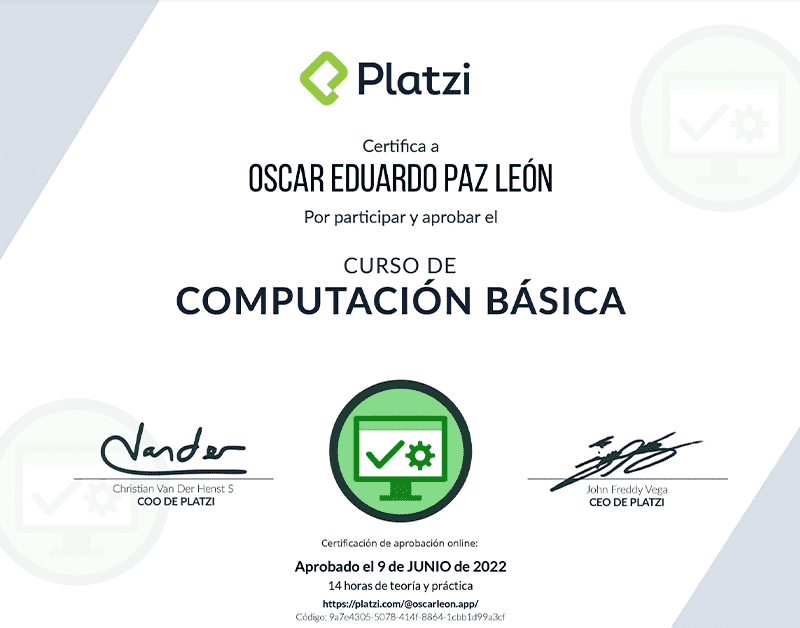 Certifica a Oscar León por participar y aprobar curso de: Computación Básica