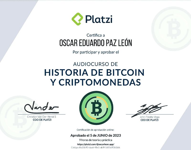 Certifica a Oscar León por participar y aprobar curso de: Historia de Bitcoin y Criptomonedas