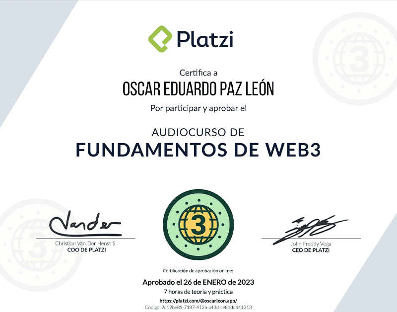 Certifica a Oscar León por participar y aprobar curso de: Fundamentos de Web3