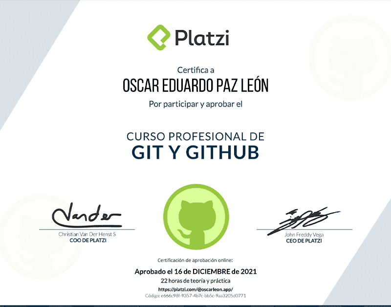 Certifica a Oscar León por participar y aprobar curso de: Git y GitHub