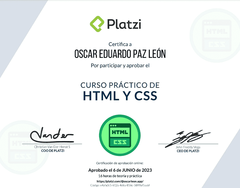 Certifica a Oscar León por participar y aprobar curso de: HTML Y CSS