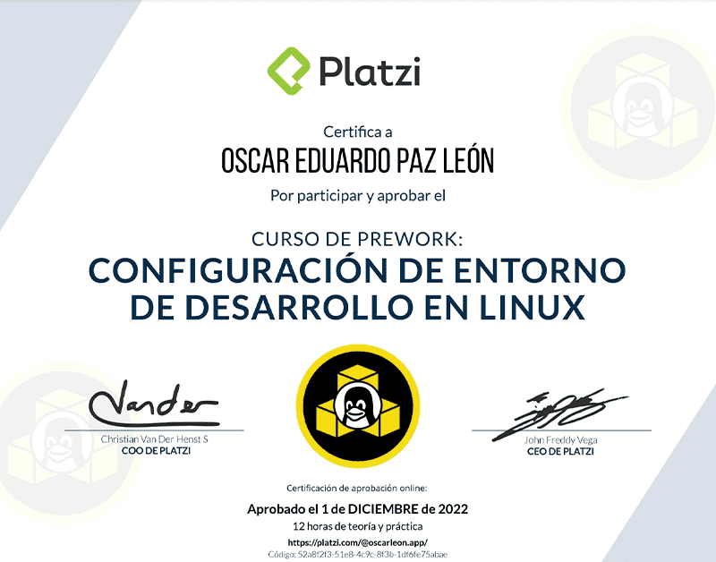 Certifica a Oscar León por participar y aprobar curso de: Configuración de Entorno de Desarrollo en Linux