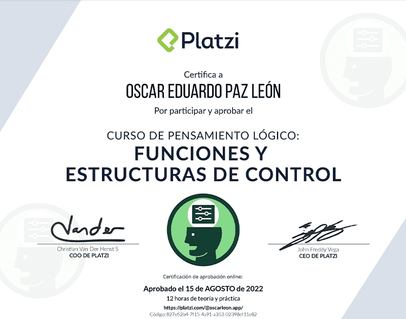 Certifica a Oscar León por participar y aprobar curso de: Funciones y Estructuras de Control