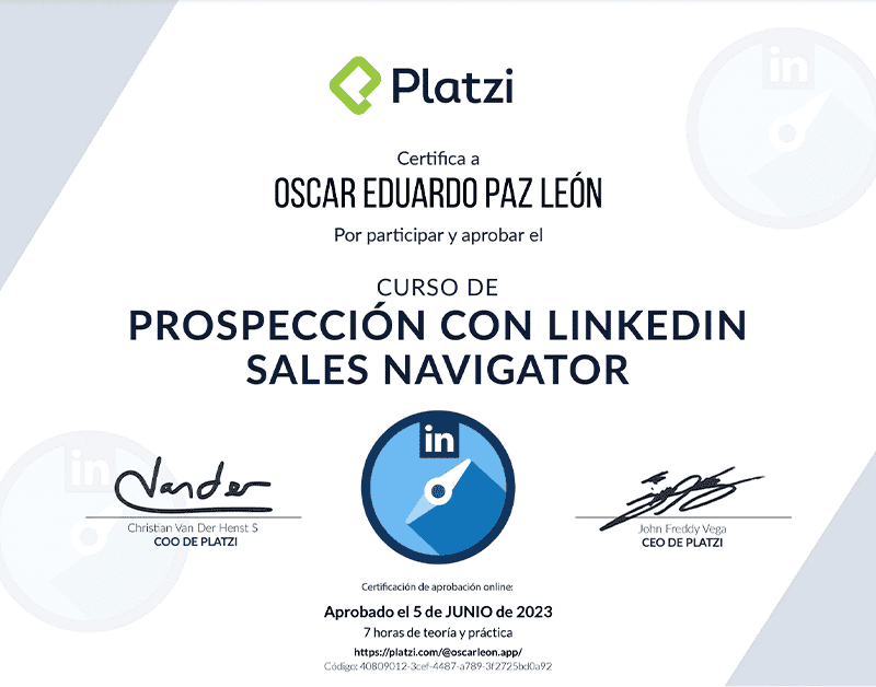 Certifica a Oscar León por participar y aprobar curso de: Prospección con LinkedIn Sales Navegator