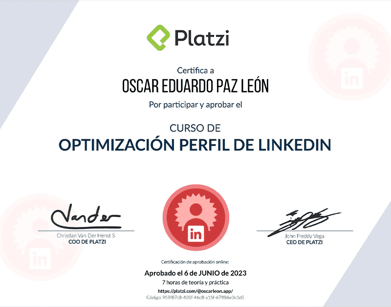 Certifica a Oscar León por participar y aprobar curso de: Optimización Perfil de LinkedIn