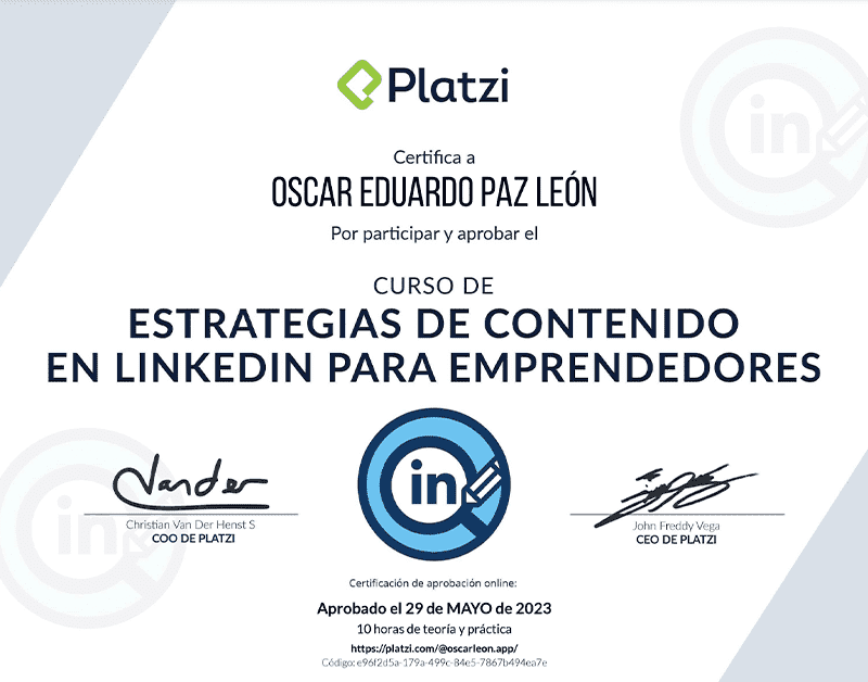 Certifica a Oscar León por participar y aprobar curso de: Estrategias de Contenido en LinkedIn para Emprendedores