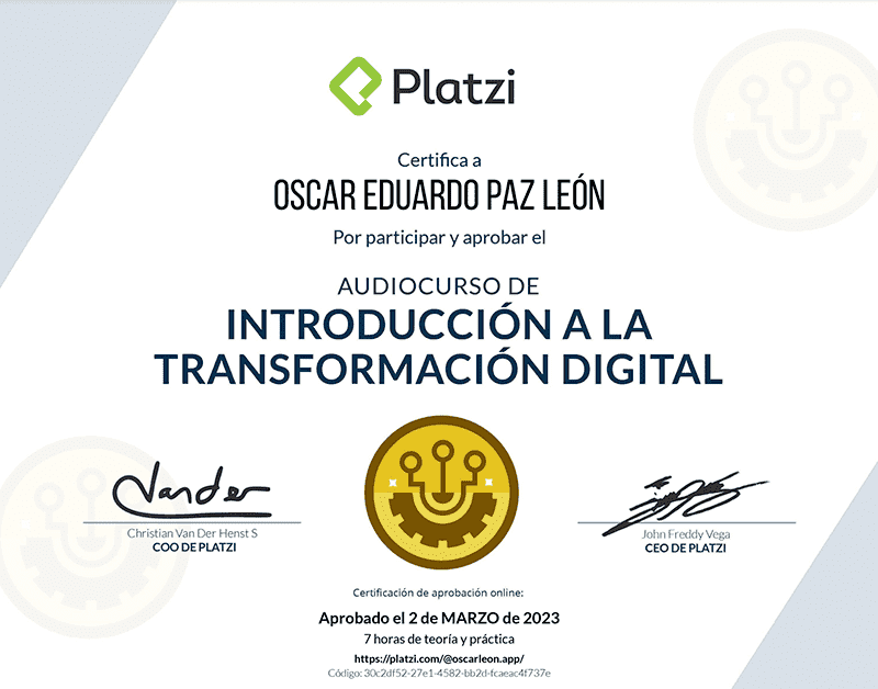 Certifica a Oscar León por participar y aprobar curso de: Introducción a la Transformación Digital