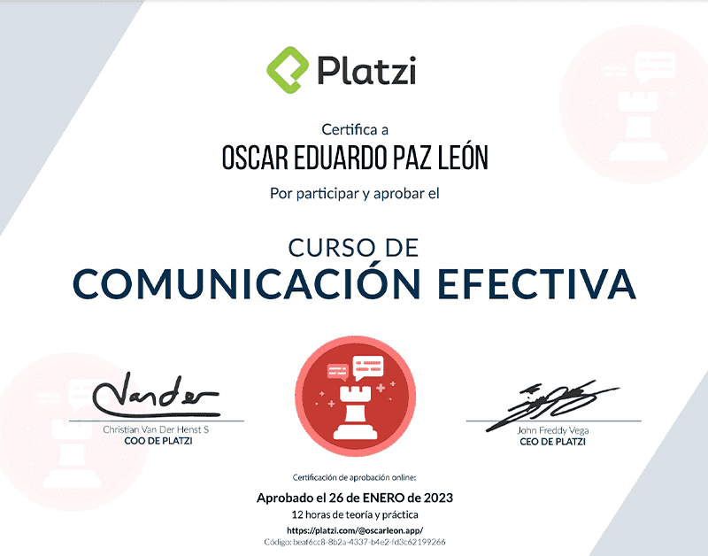 Certifica a Oscar León por participar y aprobar curso de: Comunicación Efectiva