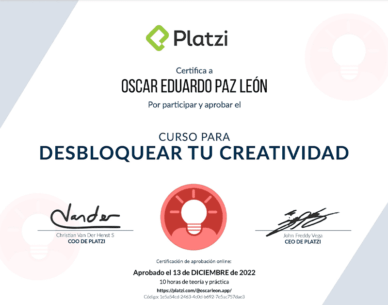 Certifica a Oscar León por participar y aprobar curso de: Desbloquear tu Creatividad