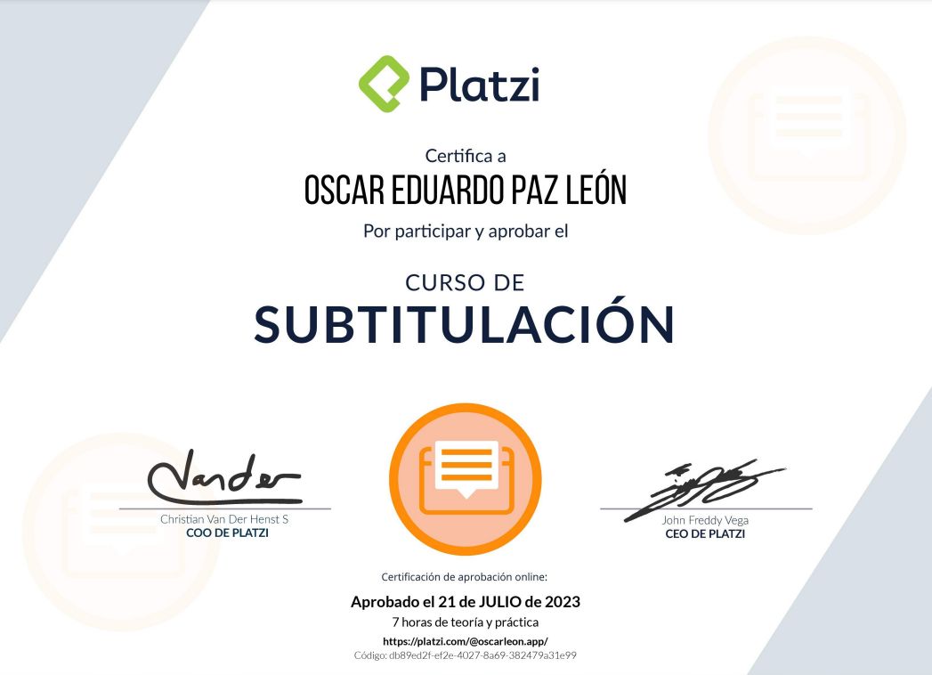 Certifica a Oscar León por participar y aprobar curso de: Subtitulación