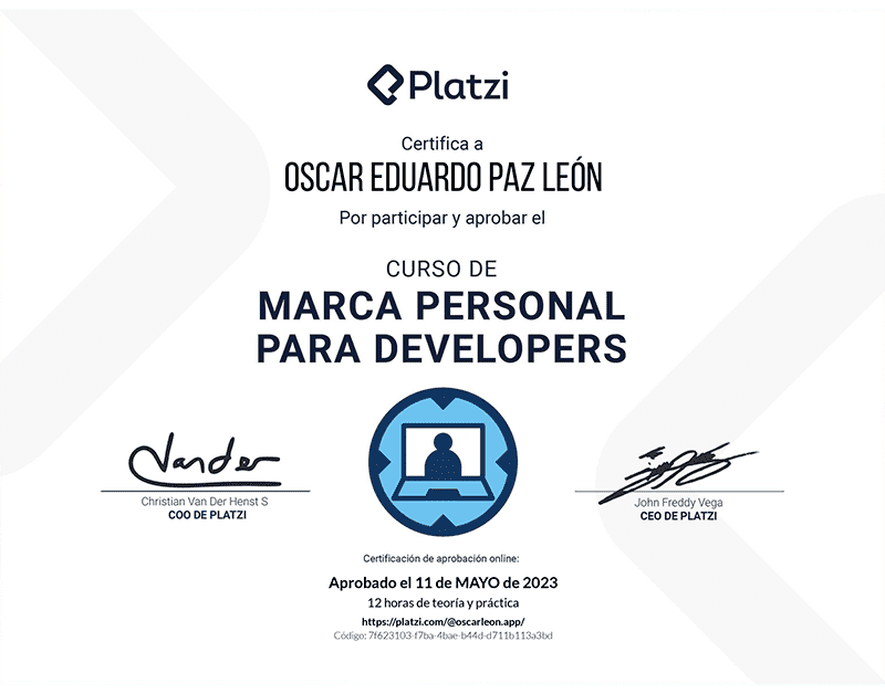 Certifica a Oscar León por participar y aprobar curso de: Marca Personal para Developers