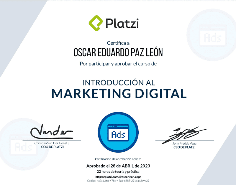 Certifica a Oscar León por participar y aprobar curso de: Marketing Digital