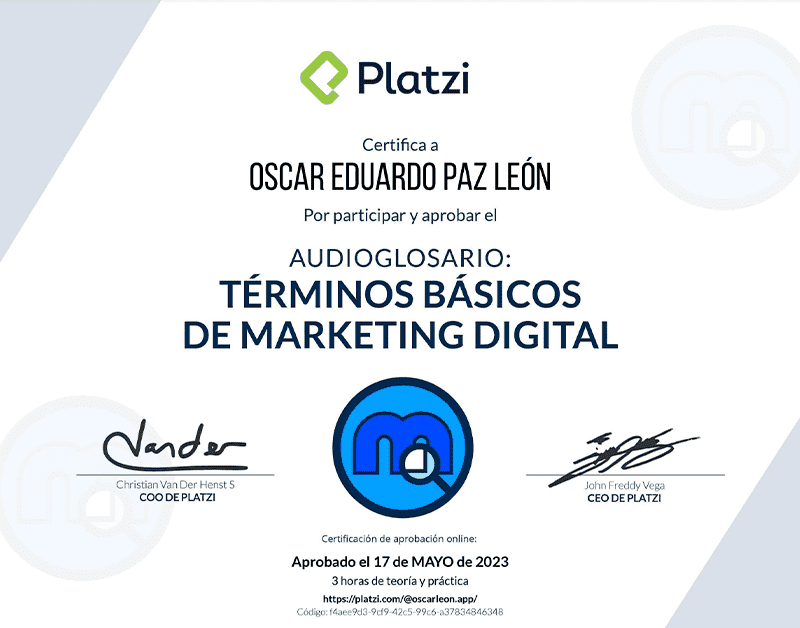 Certifica a Oscar León por participar y aprobar curso de: Términos Básicos de Marketing Digital