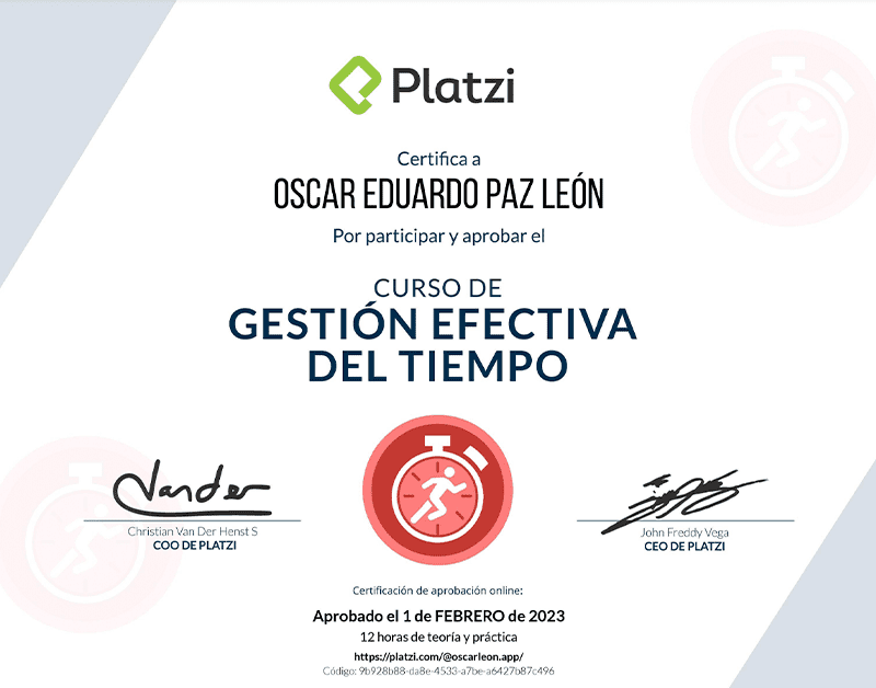 Certifica a Oscar León por participar y aprobar curso de: Gestión Efectiva del Tiempo