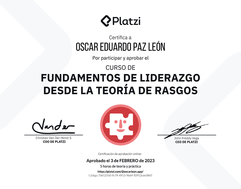 Certifica a Oscar León por participar y aprobar curso de: Fundamentos de Liderazgo desde la Teoría de Rasgos
