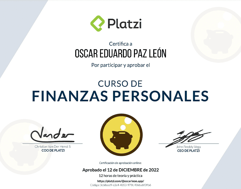 Certifica a Oscar León por participar y aprobar curso de: Finanzas Personales