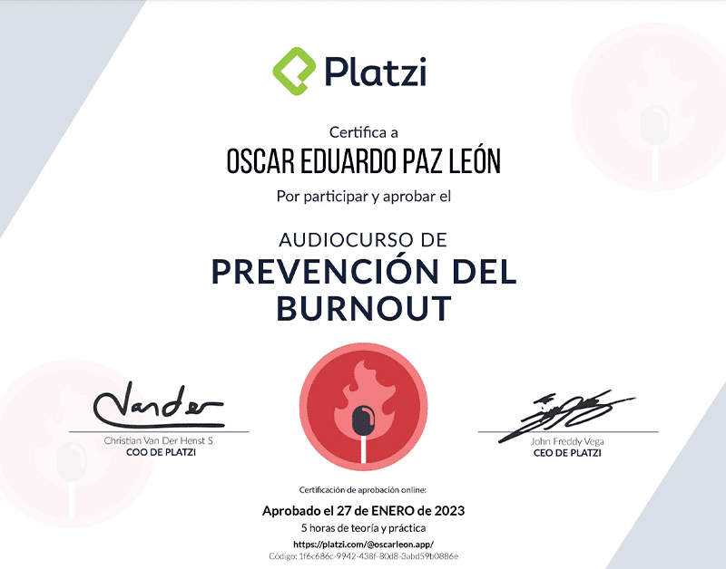 Certifica a Oscar León por participar y aprobar curso de: Prevención del BurnOut