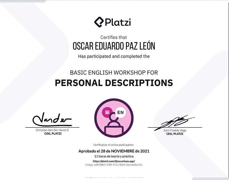 Certifica a Oscar León por participar y aprobar curso de: Personal Descriptions