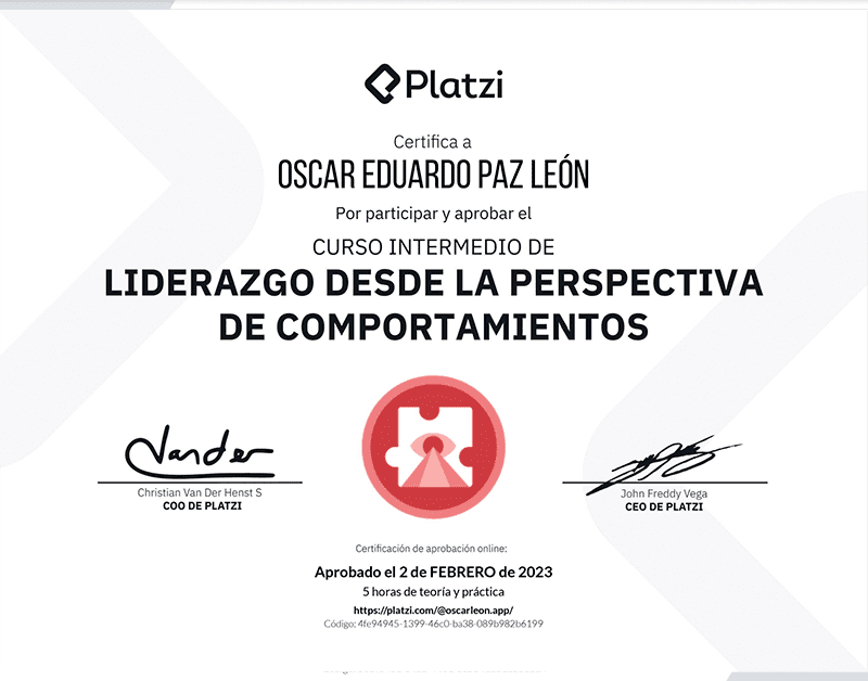 Certifica a Oscar León por participar y aprobar curso de: Liderazgo desde la Perspectiva de Comportamientos