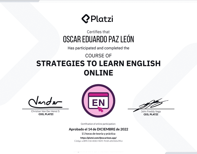 Certifica a Oscar León por participar y aprobar curso de: Strategies to Learn English Online