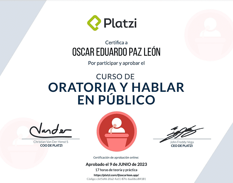 Certifica a Oscar León por participar y aprobar curso de: Oratoria y Hablar en Público