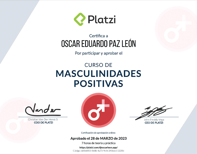 Certifica a Oscar León por participar y aprobar curso de: Masculinidades Positivas