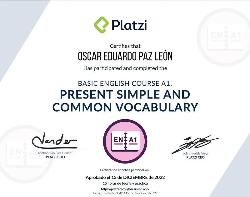 Certifica a Oscar León por participar y aprobar curso de: Present Simple and Common Vocabulary