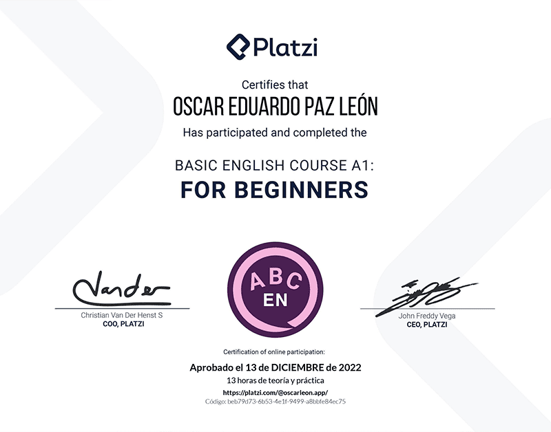 Certifica a Oscar León por participar y aprobar curso de: Basic English Course A1